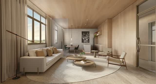 Lounge gourmet com sofá, poltronas, mesas de centro e mesa de refeições ao fundo