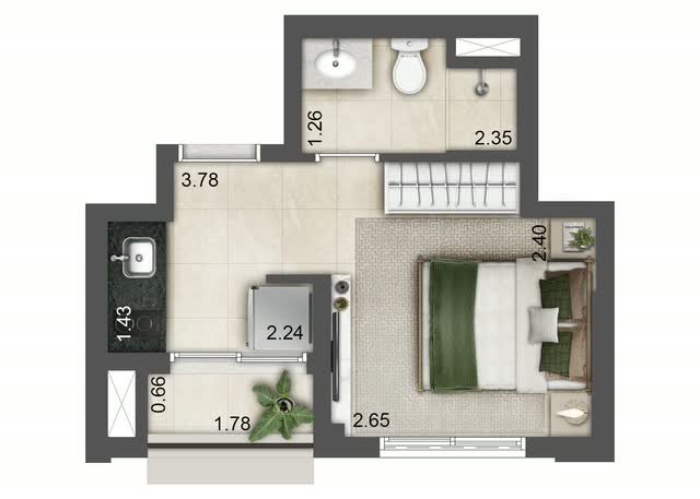 Planta baixa tipo do apartamento final 9 da Torre E, com 21 m², layout mobiliado e cotas dos ambientes
