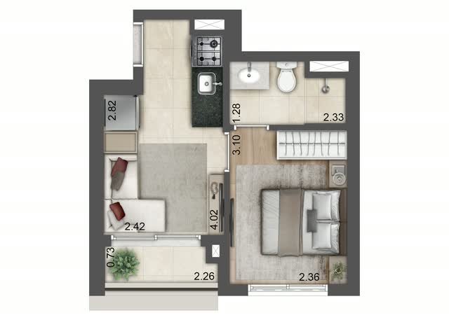 Planta baixa tipo do apartamento final 7 da Torre E, com 26 m², layout mobiliado e cotas dos ambientes
