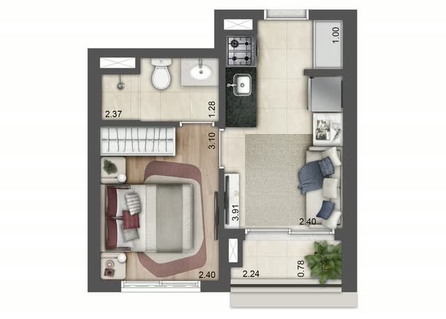 Planta baixa tipo do apartamento final 11 da Torre E, com 27 m², layout mobiliado e cotas dos ambientes