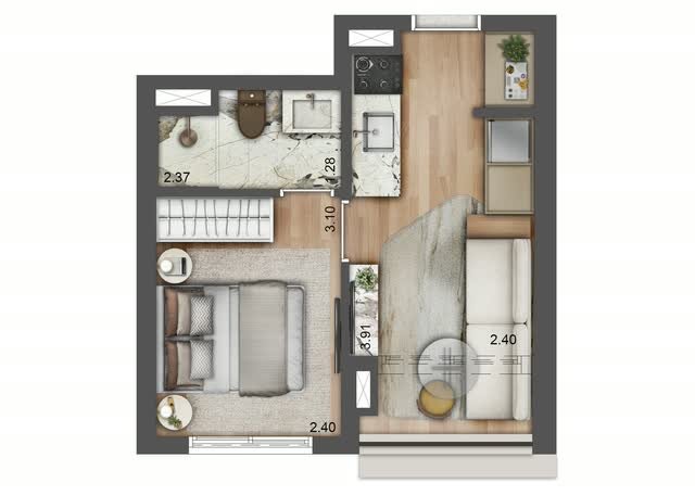 Planta baixa opção do apartamento final 11 da Torre E, com 27 m², layout mobiliado e cotas dos ambientes