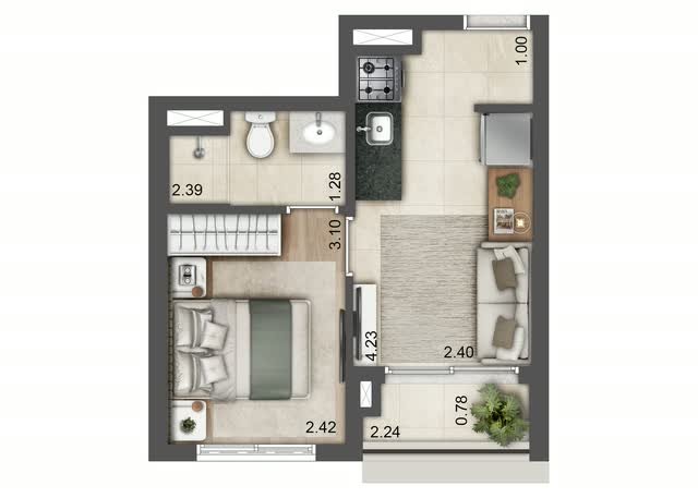 Planta baixa tipo do apartamento final 5 da Torre E, com 28 m², layout mobiliado e cotas dos ambientes