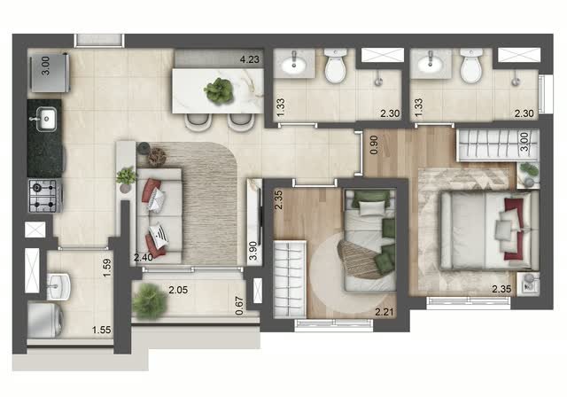 Planta baixa tipo do apartamento final 1 da Torre E, com 48 m², layout mobiliado e cotas dos ambientes