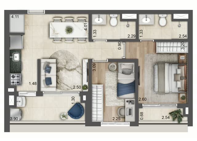 Planta baixa tipo do apartamento final 15 da Torre E, com 57 m², layout mobiliado e cotas dos ambientes