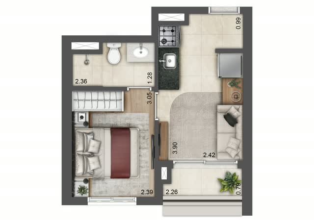 Planta baixa tipo do apartamento final 4 da Torre F, com 27 m², layout mobiliado e cotas dos ambientes