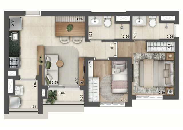 Planta baixa tipo do apartamento final 7 da Torre F, com 49 m², layout mobiliado e cotas dos ambientes