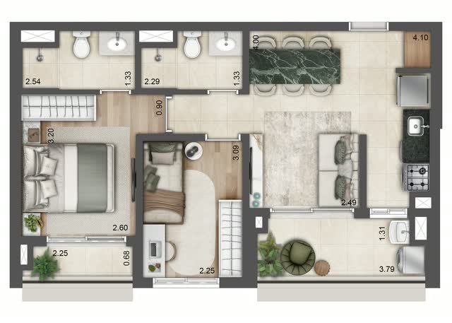 Planta baixa tipo do apartamento final 3 da Torre F, com 56 m², layout mobiliado e cotas dos ambientes