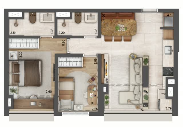 Planta baixa opção do apartamento final 3 da Torre F, com 56 m², layout mobiliado e cotas dos ambientes