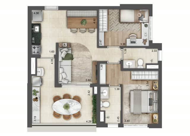 Planta baixa tipo do apartamento final 1 da Torre F, com 68 m², layout mobiliado e cotas dos ambientes