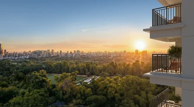 Varandas da Torre A com vista para o parque e o skyline de São Paulo ao pôr do sol