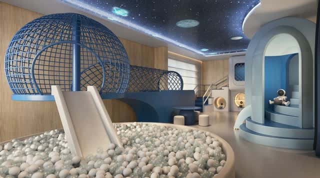Brinquedoteca temática espacial com túnel em rede azul, escorregador e piscina de bolinhas