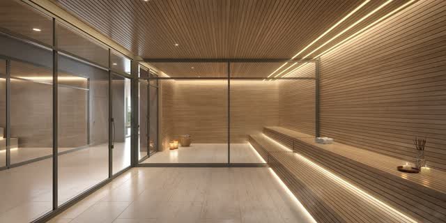Sauna seca revestida de madeira com bancos em degraus e iluminação indireta