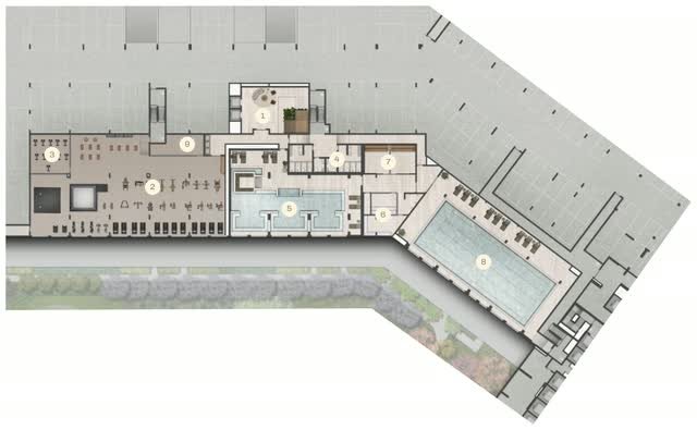 Implantação do 2º pavimento com o lazer coberto: fitness, spinning, spa, saunas e piscina coberta de 25 m