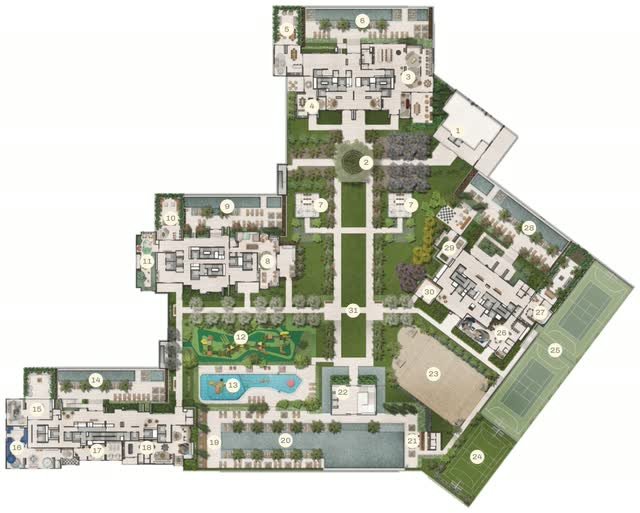 Implantação do 4º pavimento com piscinas, praças, quadras, salões, private houses e áreas kids