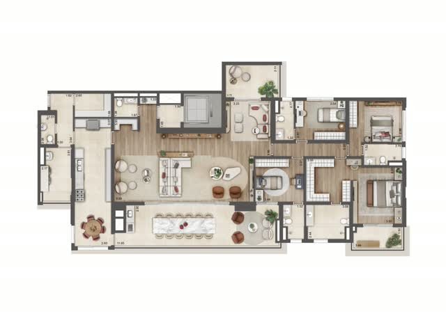 Planta baixa tipo do apartamento final 1 da Torre A, com 276 m² e 4 suítes, com layout mobiliado e cotas dos ambientes