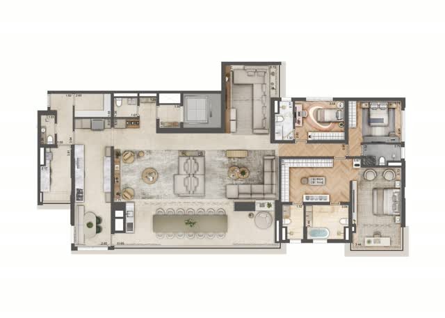 Planta baixa opção do apartamento final 1 da Torre A, com 276 m² e 3 suítes, com layout mobiliado e cotas dos ambientes