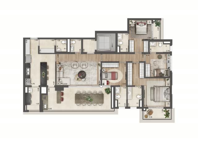 Planta baixa tipo do apartamento final 3 da Torre A, com 180 m² e 4 suítes, com layout mobiliado e cotas dos ambientes