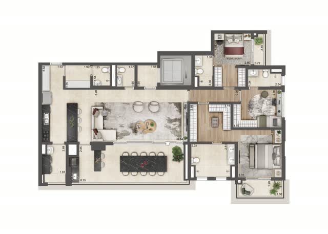 Planta baixa opção do apartamento final 3 da Torre A, com 180 m² e 3 suítes, com layout mobiliado e cotas dos ambientes