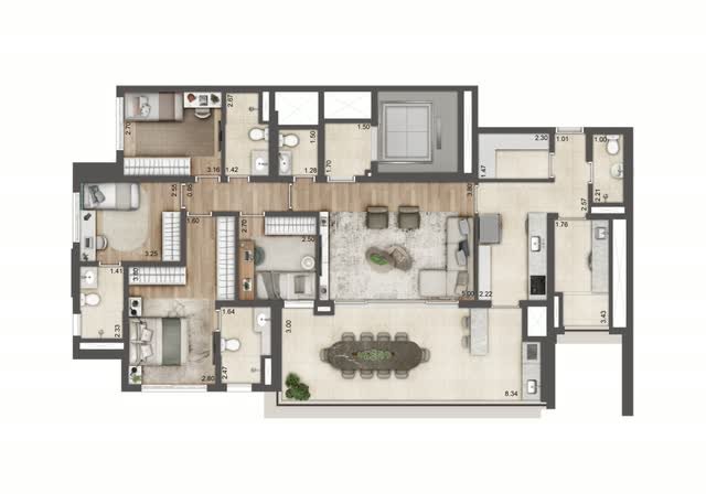 Planta baixa tipo do apartamento final 6 da Torre B, com 149 m² e 4 dorms. (2 suítes), com layout mobiliado e cotas dos ambientes