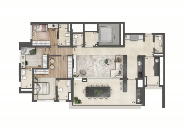 Planta baixa opção do apartamento final 6 da Torre B, com 149 m² e 3 suítes, com layout mobiliado e cotas dos ambientes