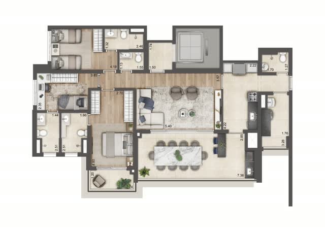 Planta baixa tipo do apartamento final 3 da Torre B, com 133 m² e 3 suítes, com layout mobiliado e cotas dos ambientes