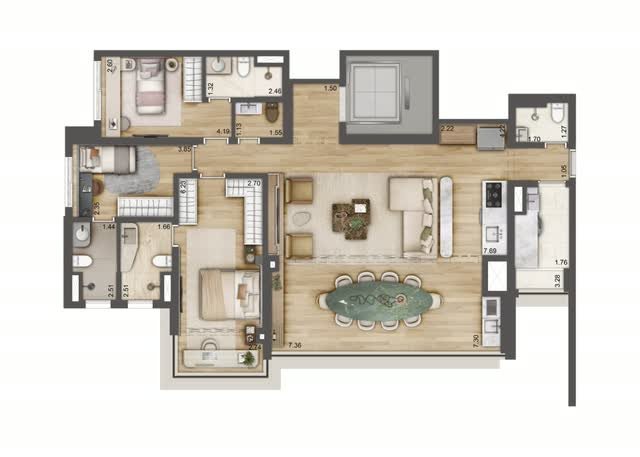 Planta baixa opção do apartamento final 3 da Torre B, com 133 m² e 3 suítes, com layout mobiliado e cotas dos ambientes