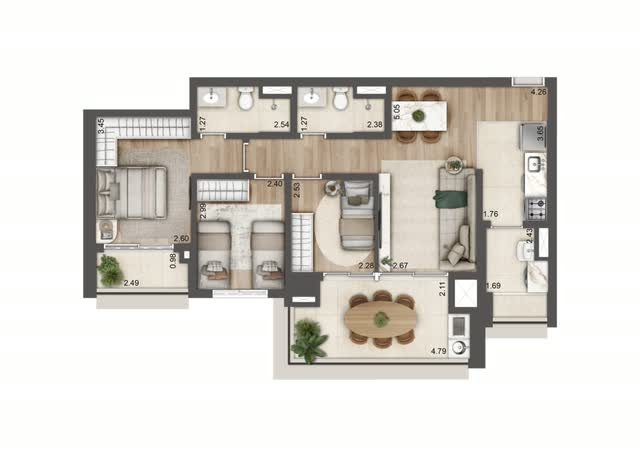 Planta baixa tipo do apartamento final 5 da Torre B, com 84 m² e 3 dorms. (1 suíte), com layout mobiliado e cotas dos ambientes