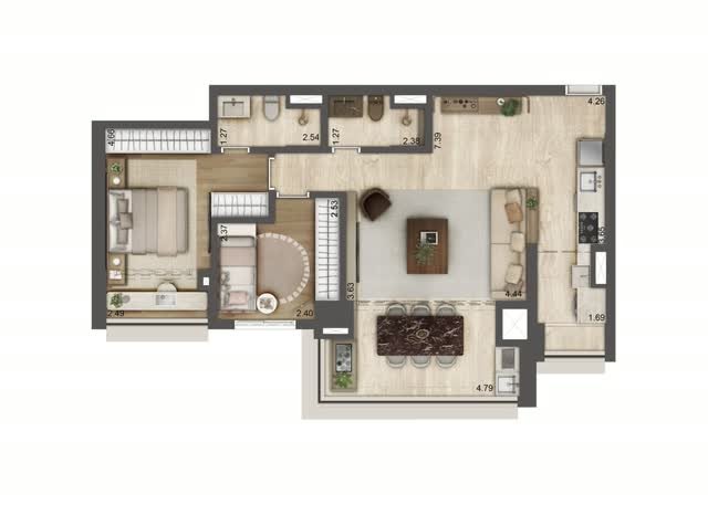 Planta baixa opção do apartamento final 5 da Torre B, com 84 m² e 2 dorms. (1 suíte), com layout mobiliado e cotas dos ambientes