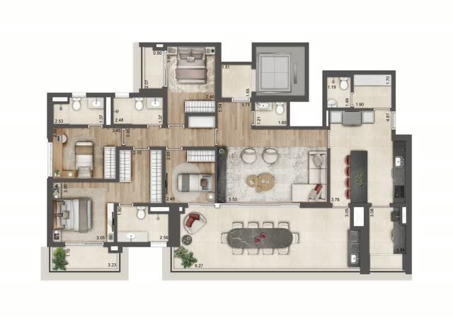 Planta baixa tipo do apartamento final 8 da Torre C, com 170 m² e 4 dorms. (2 suítes), com layout mobiliado e cotas dos ambientes
