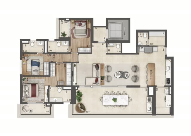 Planta baixa opção do apartamento final 8 da Torre C, com 170 m² e 3 suítes, com layout mobiliado e cotas dos ambientes