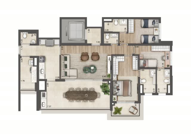 Planta baixa tipo do apartamento final 5 da Torre C, com 133 m² e 3 suítes, com layout mobiliado e cotas dos ambientes