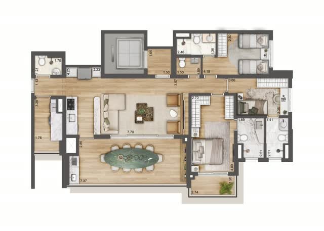 Planta baixa opção do apartamento final 5 da Torre C, com 133 m² e 3 suítes, com layout mobiliado e cotas dos ambientes