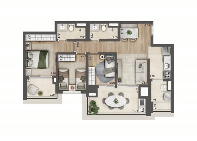 Planta baixa tipo do apartamento final 6 da Torre C, com 84 m² e 3 dorms. (1 suíte), com layout mobiliado e cotas dos ambientes