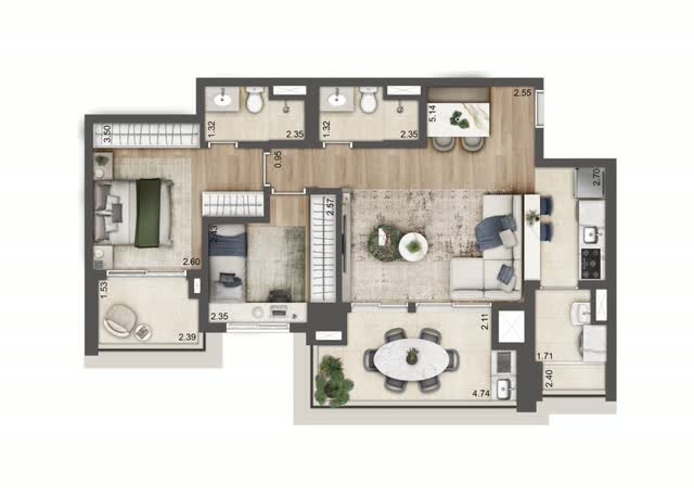 Planta baixa opção do apartamento final 6 da Torre C, com 84 m² e 2 dorms. (1 suíte), com layout mobiliado e cotas dos ambientes
