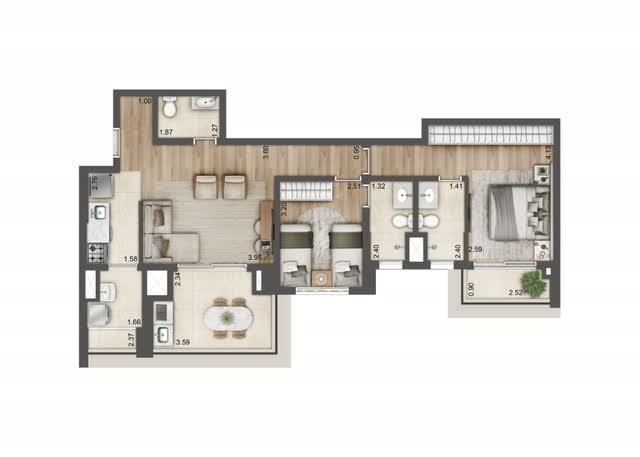 Planta baixa tipo do apartamento final 7 da Torre C, com 84 m² e 2 suítes, com layout mobiliado e cotas dos ambientes