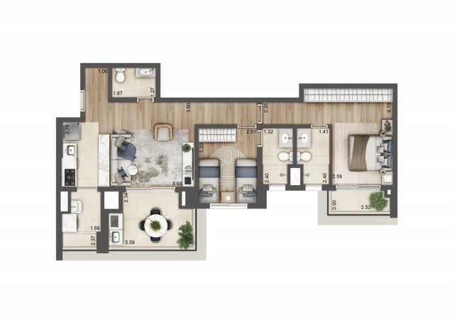 Planta baixa opção do apartamento final 7 da Torre C, com 84 m² e 2 suítes, com layout mobiliado e cotas dos ambientes