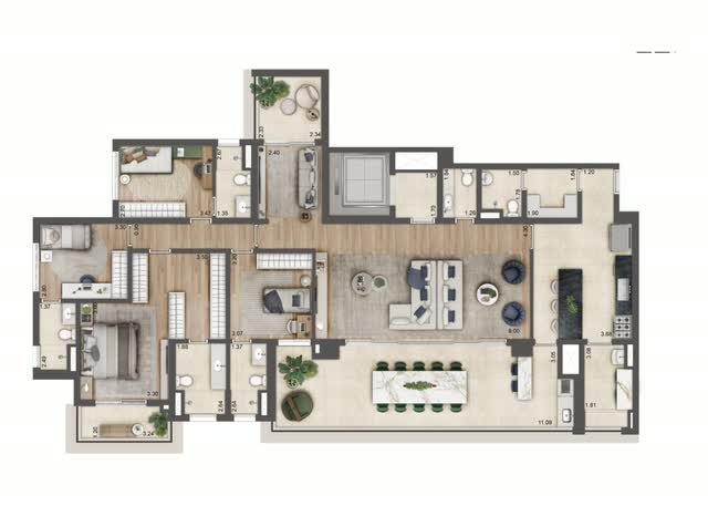 Planta baixa tipo do apartamento final 2 da Torre D, com 223 m² e 4 suítes, com layout mobiliado e cotas dos ambientes