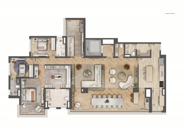 Planta baixa opção do apartamento final 2 da Torre D, com 223 m² e 3 suítes, com layout mobiliado e cotas dos ambientes