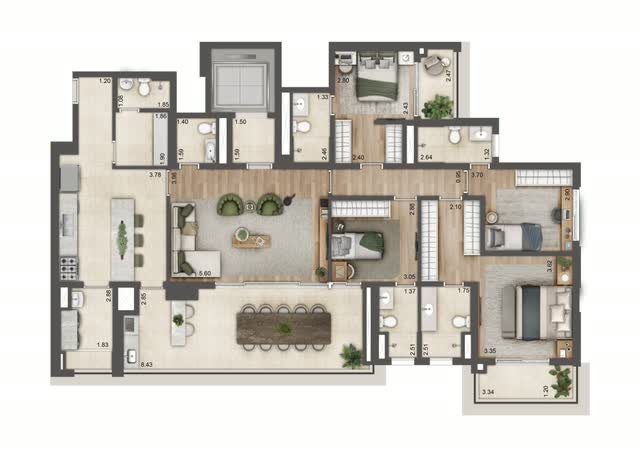 Planta baixa tipo do apartamento final 3 da Torre D, com 184 m² e 4 suítes, com layout mobiliado e cotas dos ambientes