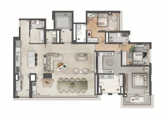 Planta baixa opção do apartamento final 3 da Torre D, com 184 m² e 3 suítes, com layout mobiliado e cotas dos ambientes