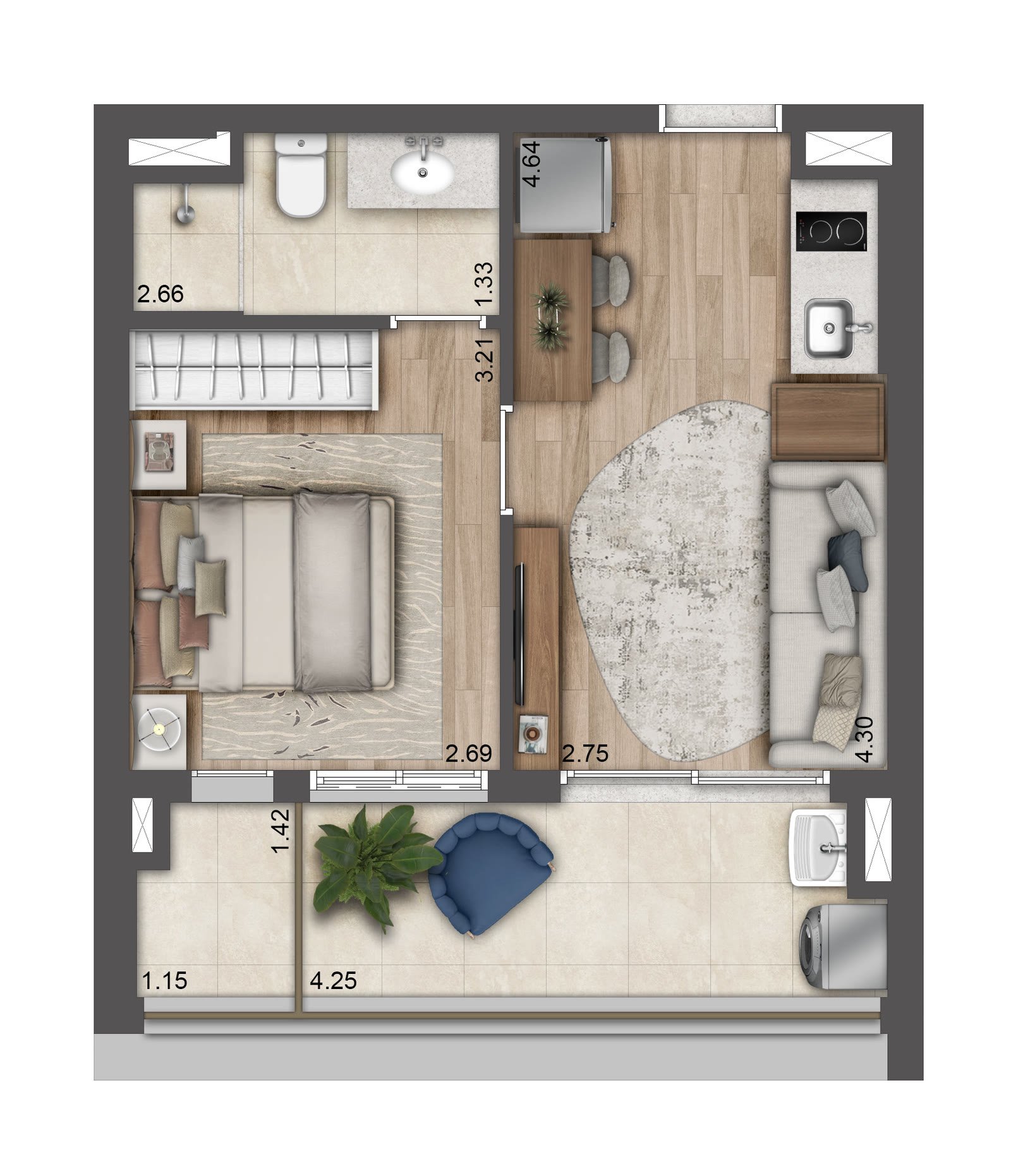 Planta Tom Paraíso - 1 dormitório · 38 m²