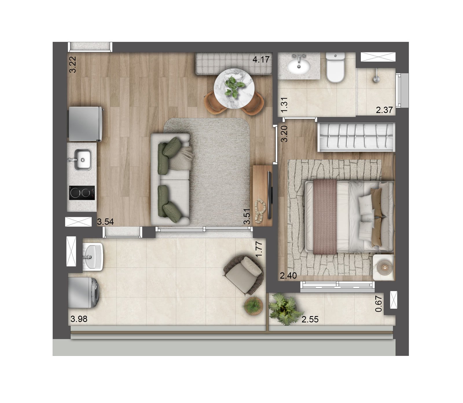 Planta Tom Paraíso - 1 dormitório · 40 m²