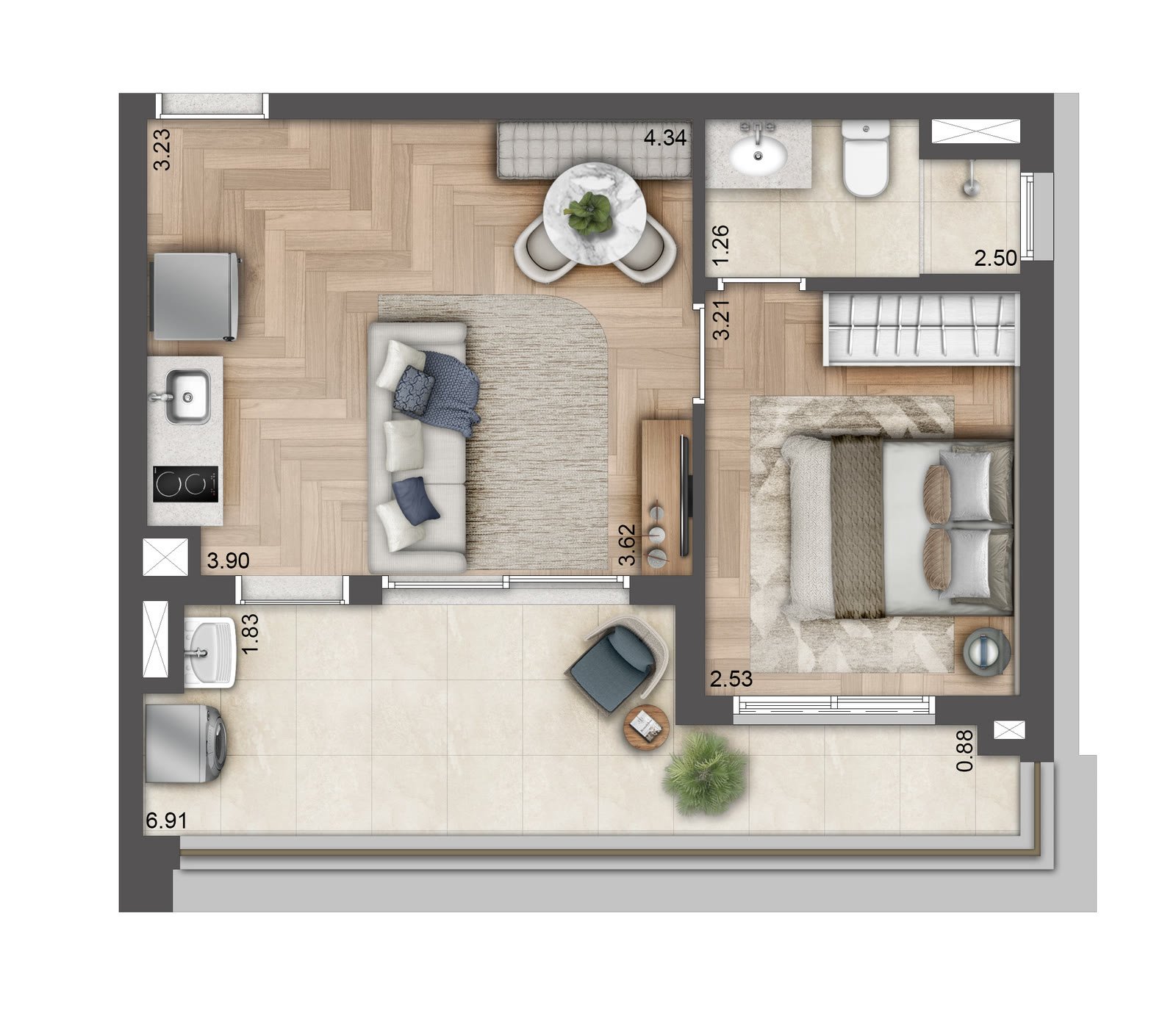 Planta Tom Paraíso - 1 dormitório · 43 m²